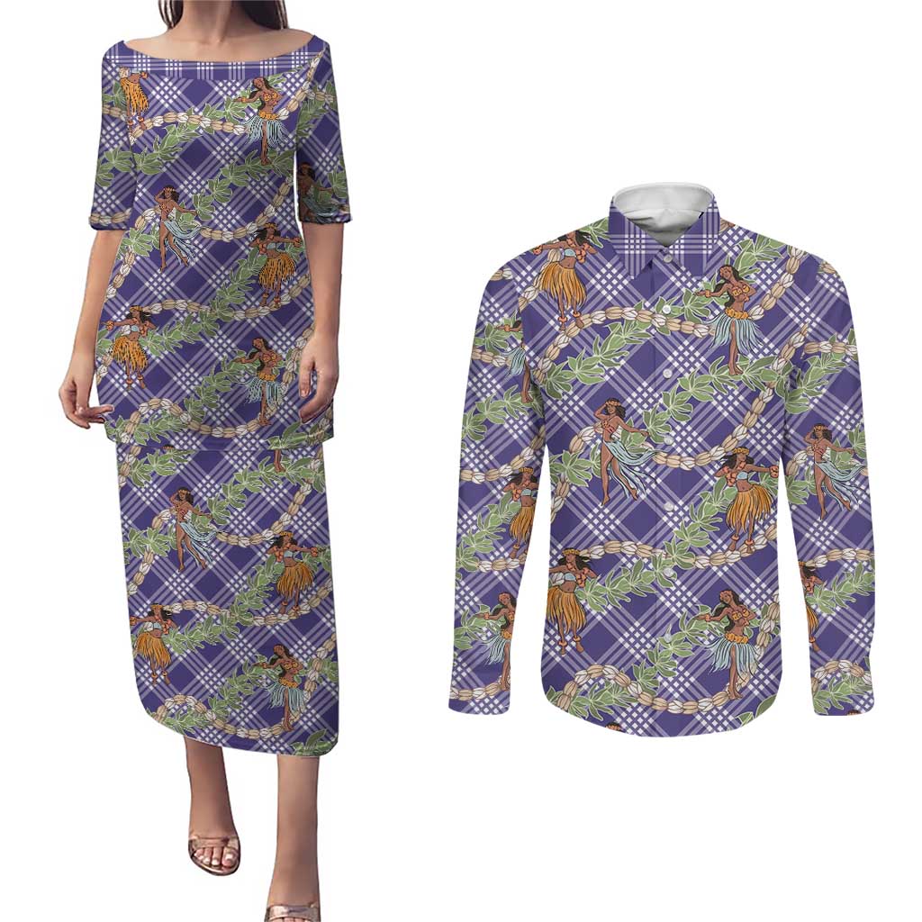Lavender Palaka Hula Girls Seamless Hawaii Aloha Couples Matching Puletasi and Long Sleeve Button Shirt - Polynesian Pride