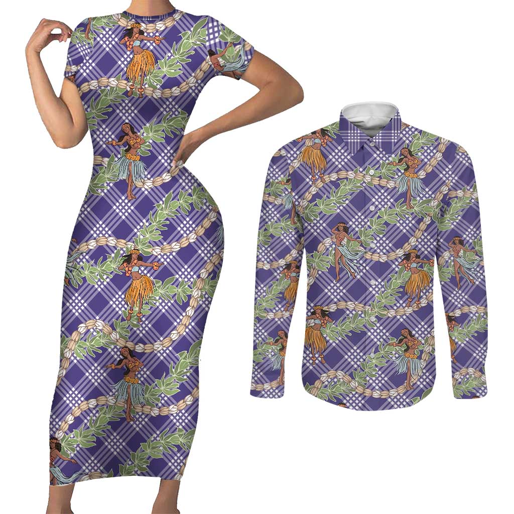 Lavender Palaka Hula Girls Seamless Hawaii Aloha Couples Matching Short Sleeve Bodycon Dress and Long Sleeve Button Shirt - Polynesian Pride