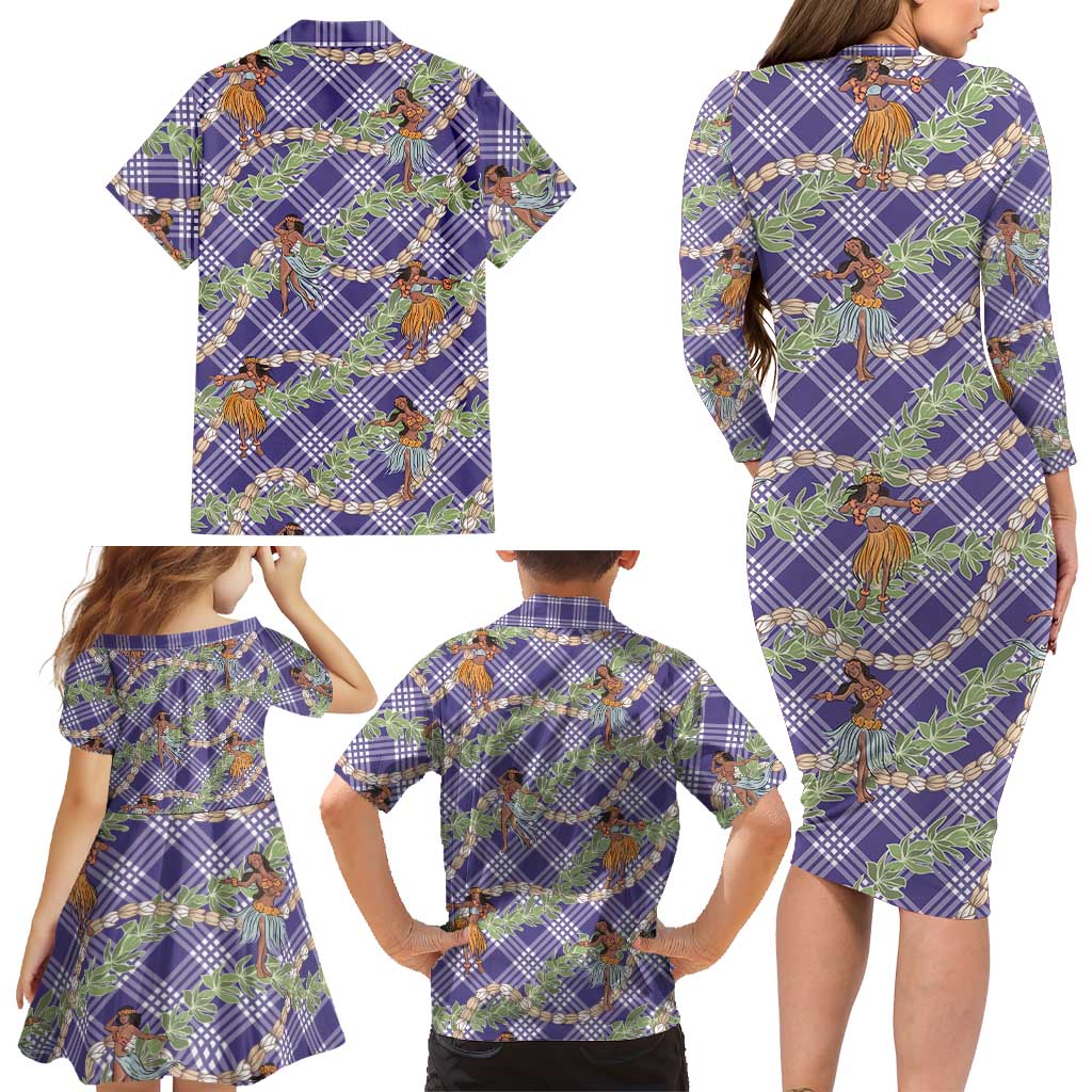 Lavender Palaka Hula Girls Seamless Hawaii Aloha Family Matching Long Sleeve Bodycon Dress and Hawaiian Shirt - Polynesian Pride