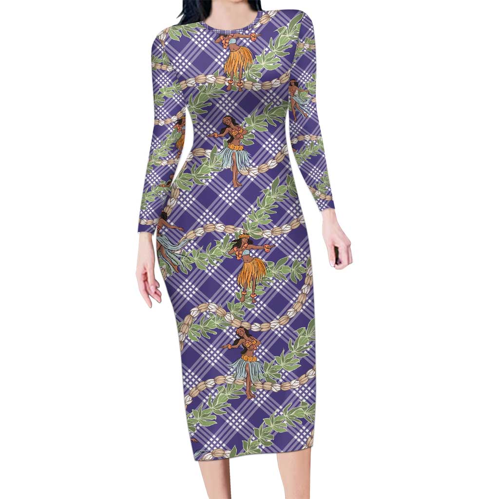 Lavender Palaka Hula Girls Seamless Hawaii Aloha Family Matching Long Sleeve Bodycon Dress and Hawaiian Shirt - Polynesian Pride