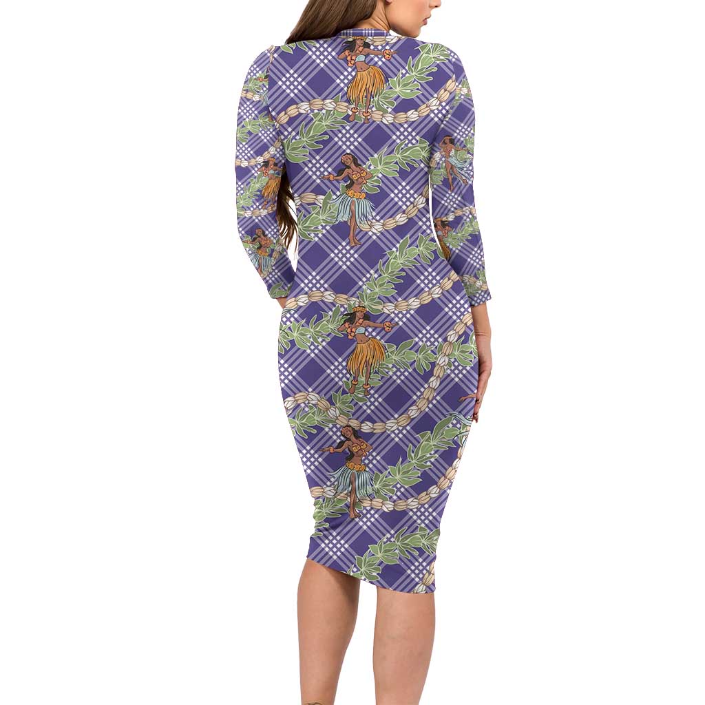 Lavender Palaka Hula Girls Seamless Hawaii Aloha Family Matching Long Sleeve Bodycon Dress and Hawaiian Shirt - Polynesian Pride