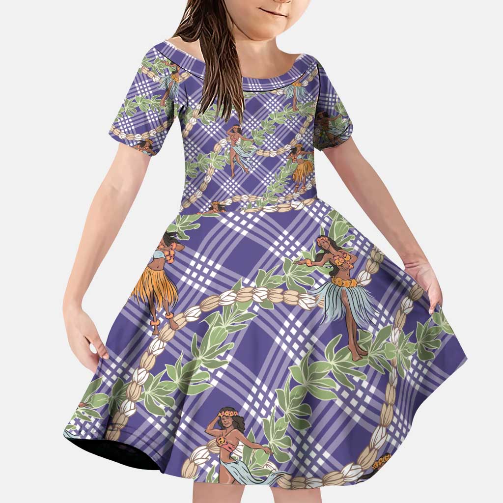 Lavender Palaka Hula Girls Seamless Hawaii Aloha Family Matching Off Shoulder Short Dress and Hawaiian Shirt - Polynesian Pride