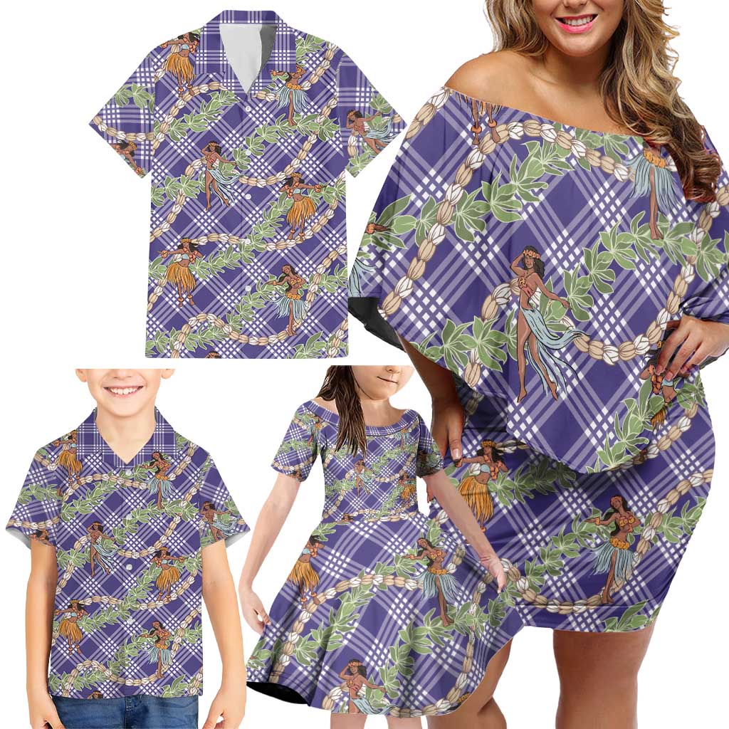 Lavender Palaka Hula Girls Seamless Hawaii Aloha Family Matching Off Shoulder Short Dress and Hawaiian Shirt - Polynesian Pride