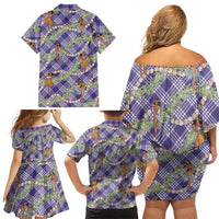 Lavender Palaka Hula Girls Seamless Hawaii Aloha Family Matching Off Shoulder Short Dress and Hawaiian Shirt - Polynesian Pride