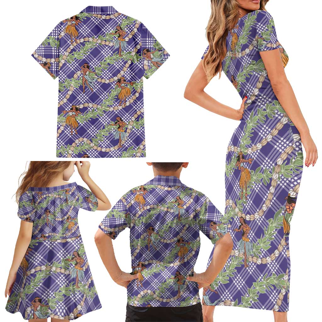 Lavender Palaka Hula Girls Seamless Hawaii Aloha Family Matching Short Sleeve Bodycon Dress and Hawaiian Shirt - Polynesian Pride