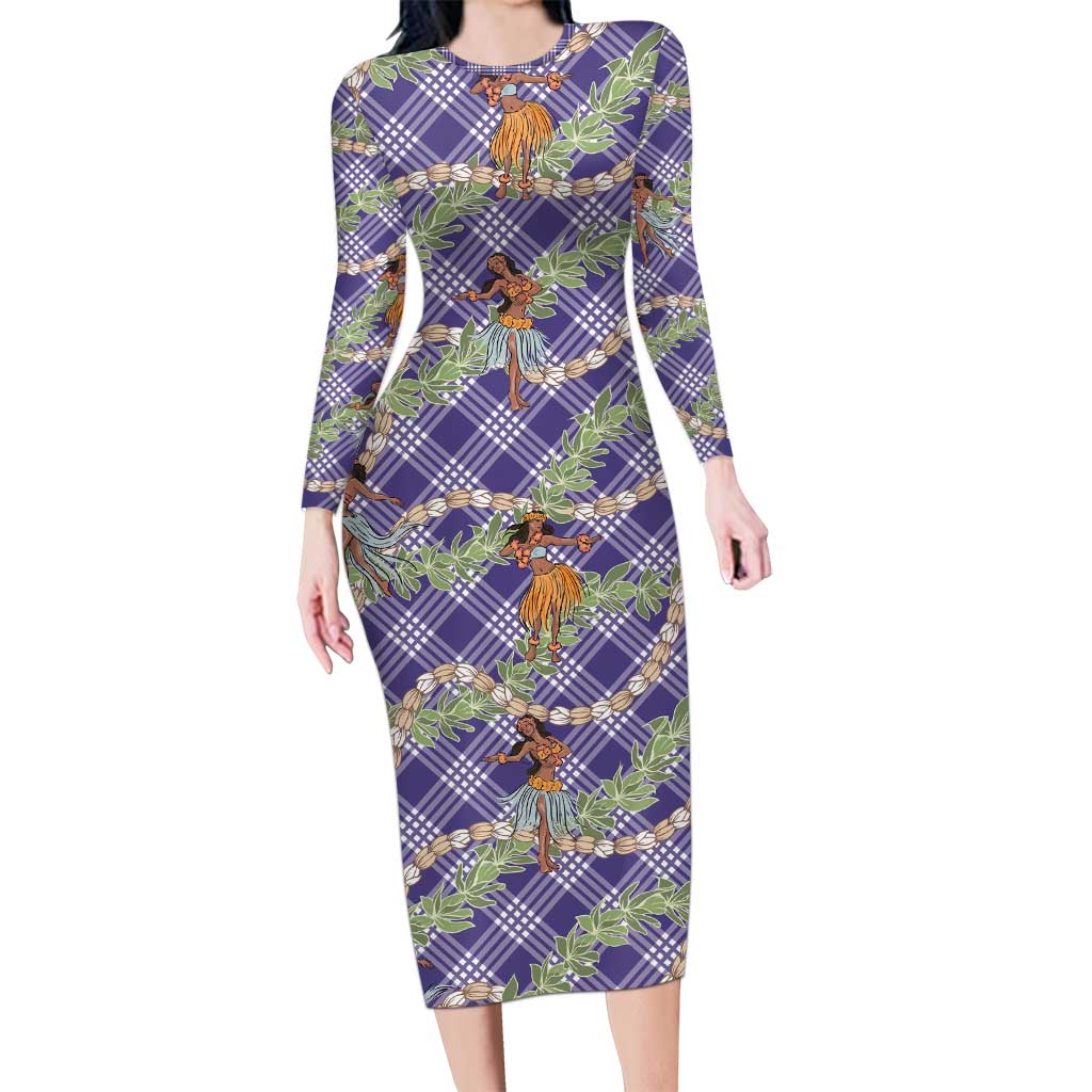 Lavender Palaka Hula Girls Seamless Hawaii Aloha Long Sleeve Bodycon Dress - Polynesian Pride