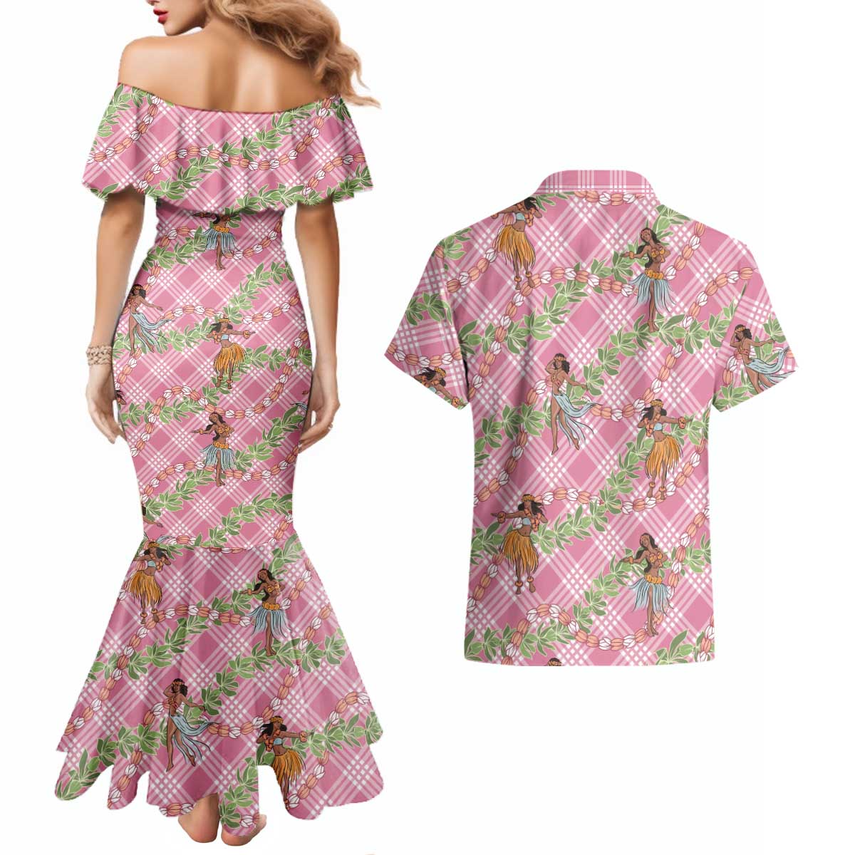 Lokelani Pink Palaka Hula Girls Seamless Hawaii Aloha Couples Matching Mermaid Dress and Hawaiian Shirt - Polynesian Pride