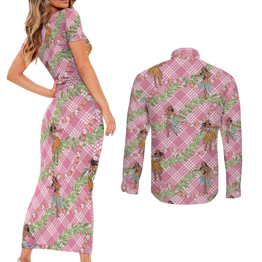 Lokelani Pink Palaka Hula Girls Seamless Hawaii Aloha Couples Matching Short Sleeve Bodycon Dress and Long Sleeve Button Shirt - Polynesian Pride