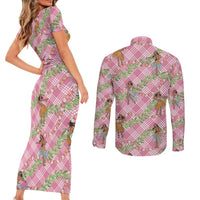 Lokelani Pink Palaka Hula Girls Seamless Hawaii Aloha Couples Matching Short Sleeve Bodycon Dress and Long Sleeve Button Shirt - Polynesian Pride