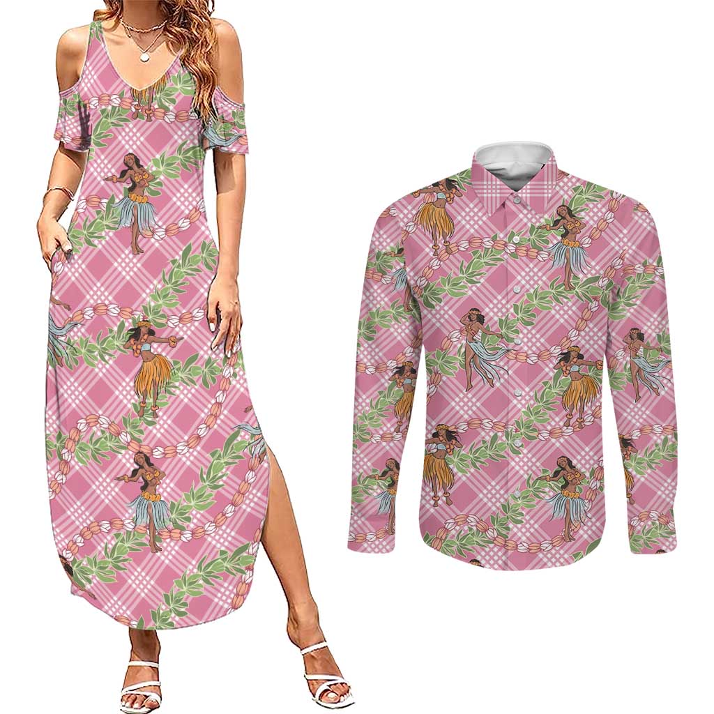 Lokelani Pink Palaka Hula Girls Seamless Hawaii Aloha Couples Matching Summer Maxi Dress and Long Sleeve Button Shirt - Polynesian Pride