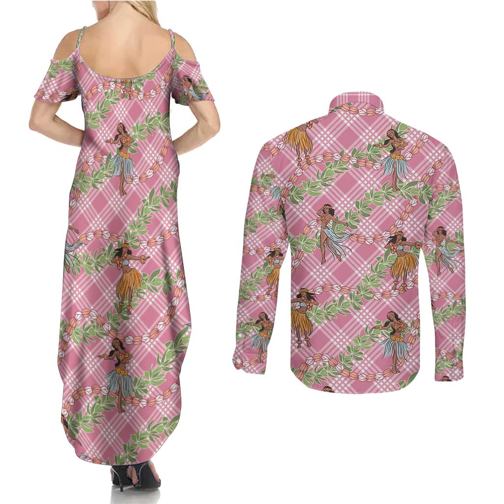 Lokelani Pink Palaka Hula Girls Seamless Hawaii Aloha Couples Matching Summer Maxi Dress and Long Sleeve Button Shirt - Polynesian Pride