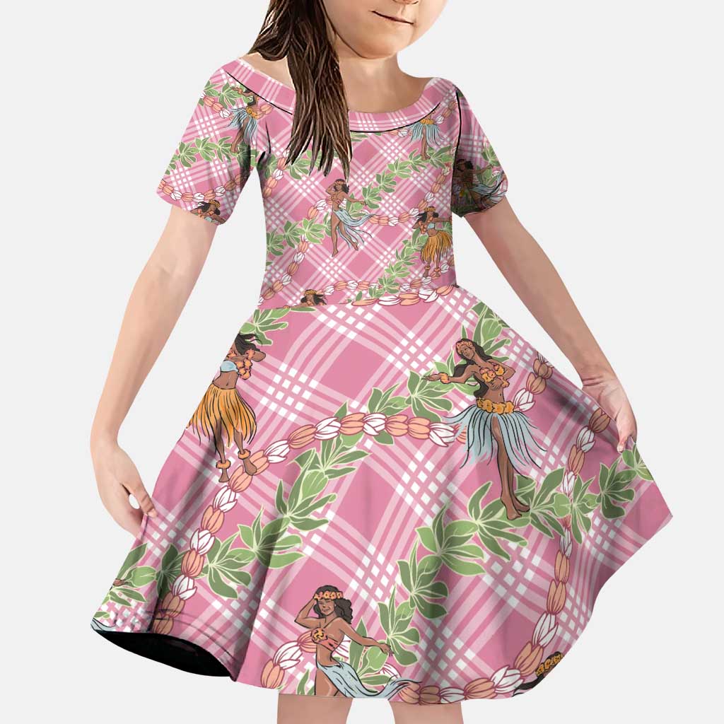 Lokelani Pink Palaka Hula Girls Seamless Hawaii Aloha Family Matching Long Sleeve Bodycon Dress and Hawaiian Shirt - Polynesian Pride