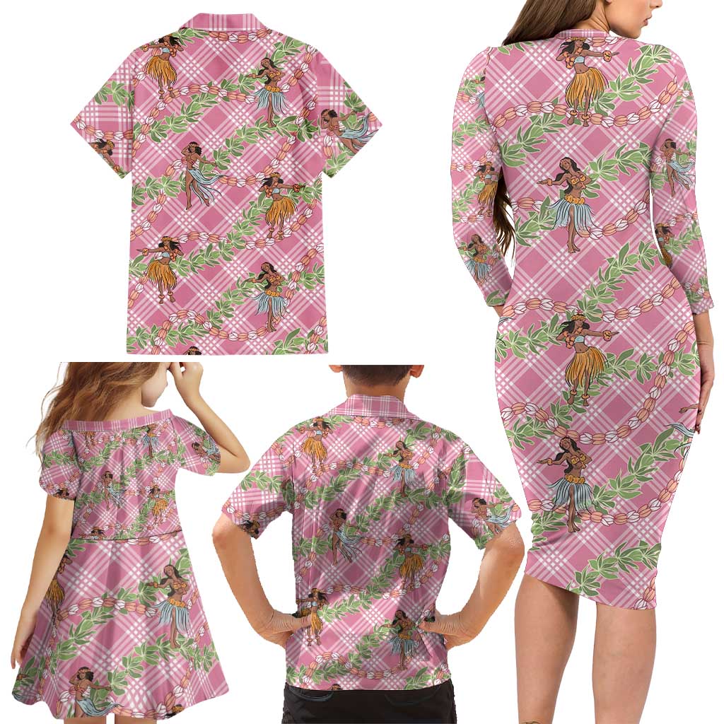 Lokelani Pink Palaka Hula Girls Seamless Hawaii Aloha Family Matching Long Sleeve Bodycon Dress and Hawaiian Shirt - Polynesian Pride