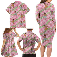 Lokelani Pink Palaka Hula Girls Seamless Hawaii Aloha Family Matching Long Sleeve Bodycon Dress and Hawaiian Shirt - Polynesian Pride