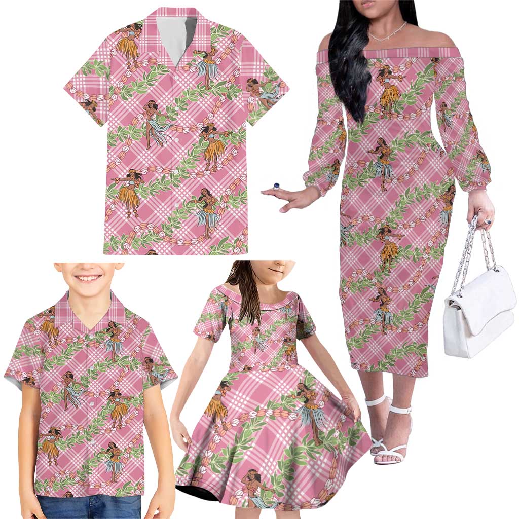 Lokelani Pink Palaka Hula Girls Seamless Hawaii Aloha Family Matching Off The Shoulder Long Sleeve Dress and Hawaiian Shirt - Polynesian Pride