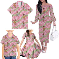 Lokelani Pink Palaka Hula Girls Seamless Hawaii Aloha Family Matching Off The Shoulder Long Sleeve Dress and Hawaiian Shirt - Polynesian Pride