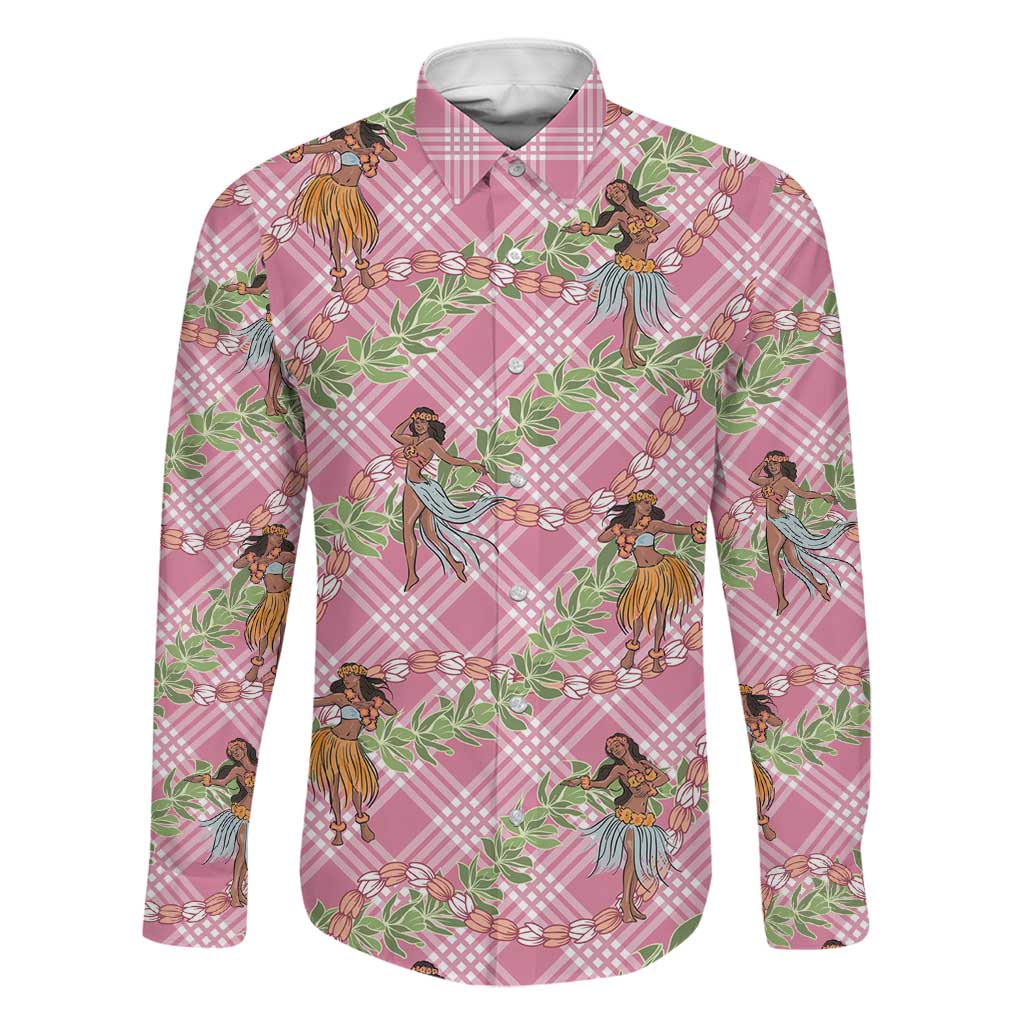 Lokelani Pink Palaka Hula Girls Seamless Hawaii Aloha Family Matching Off The Shoulder Long Sleeve Dress and Hawaiian Shirt - Polynesian Pride