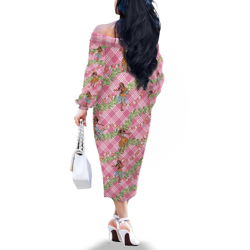 Lokelani Pink Palaka Hula Girls Seamless Hawaii Aloha Family Matching Off The Shoulder Long Sleeve Dress and Hawaiian Shirt - Polynesian Pride