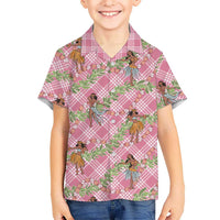 Lokelani Pink Palaka Hula Girls Seamless Hawaii Aloha Family Matching Off The Shoulder Long Sleeve Dress and Hawaiian Shirt - Polynesian Pride