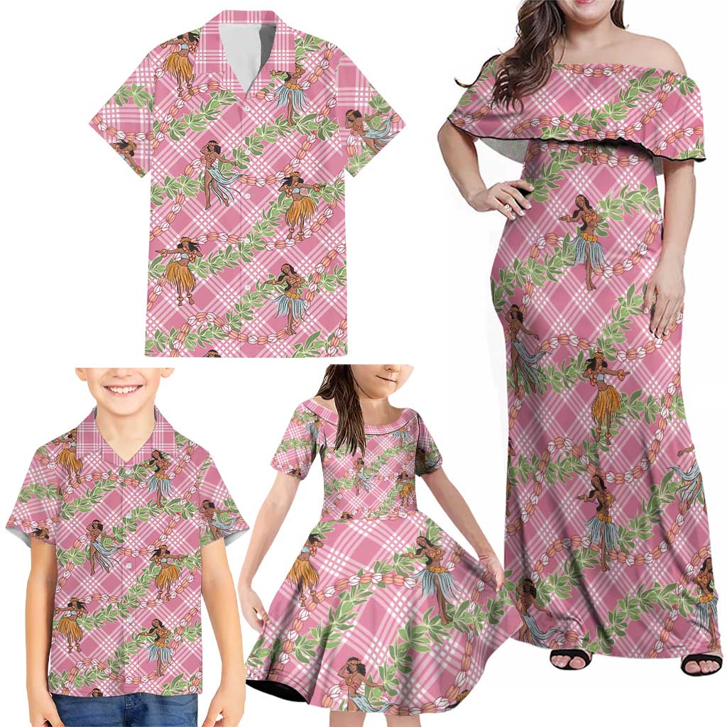 Lokelani Pink Palaka Hula Girls Seamless Hawaii Aloha Family Matching Off Shoulder Maxi Dress and Hawaiian Shirt - Polynesian Pride