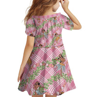 Lokelani Pink Palaka Hula Girls Seamless Hawaii Aloha Family Matching Off Shoulder Short Dress and Hawaiian Shirt - Polynesian Pride