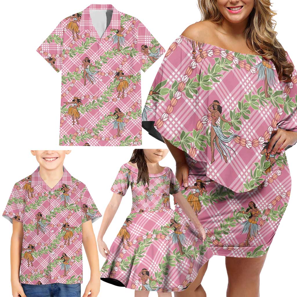 Lokelani Pink Palaka Hula Girls Seamless Hawaii Aloha Family Matching Off Shoulder Short Dress and Hawaiian Shirt - Polynesian Pride