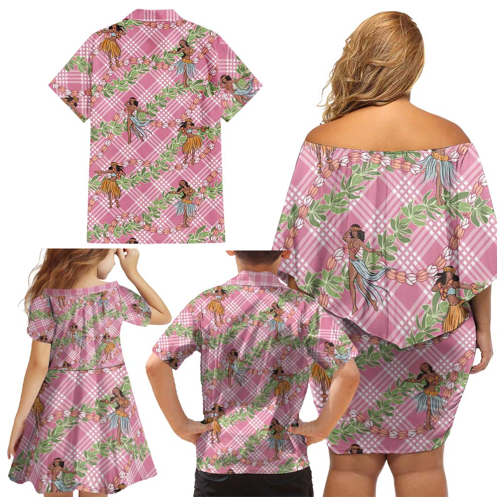 Lokelani Pink Palaka Hula Girls Seamless Hawaii Aloha Family Matching Off Shoulder Short Dress and Hawaiian Shirt - Polynesian Pride