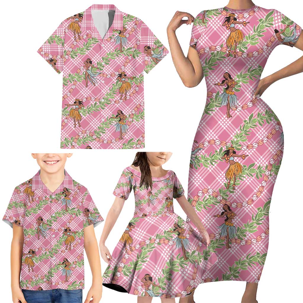 Lokelani Pink Palaka Hula Girls Seamless Hawaii Aloha Family Matching Short Sleeve Bodycon Dress and Hawaiian Shirt - Polynesian Pride