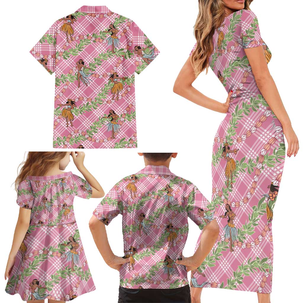 Lokelani Pink Palaka Hula Girls Seamless Hawaii Aloha Family Matching Short Sleeve Bodycon Dress and Hawaiian Shirt - Polynesian Pride