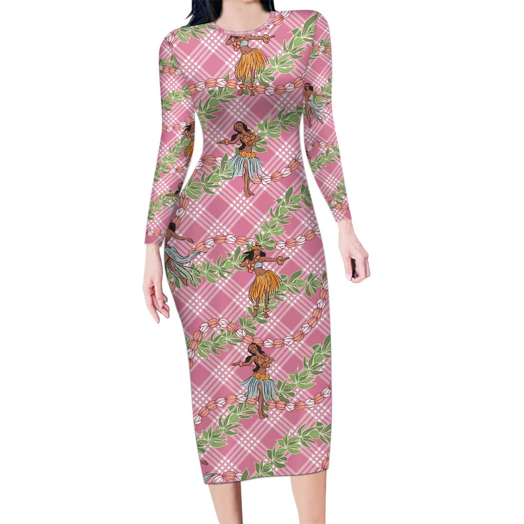 Lokelani Pink Palaka Hula Girls Seamless Hawaii Aloha Long Sleeve Bodycon Dress LT7 Long Dress Pink - Polynesian Pride