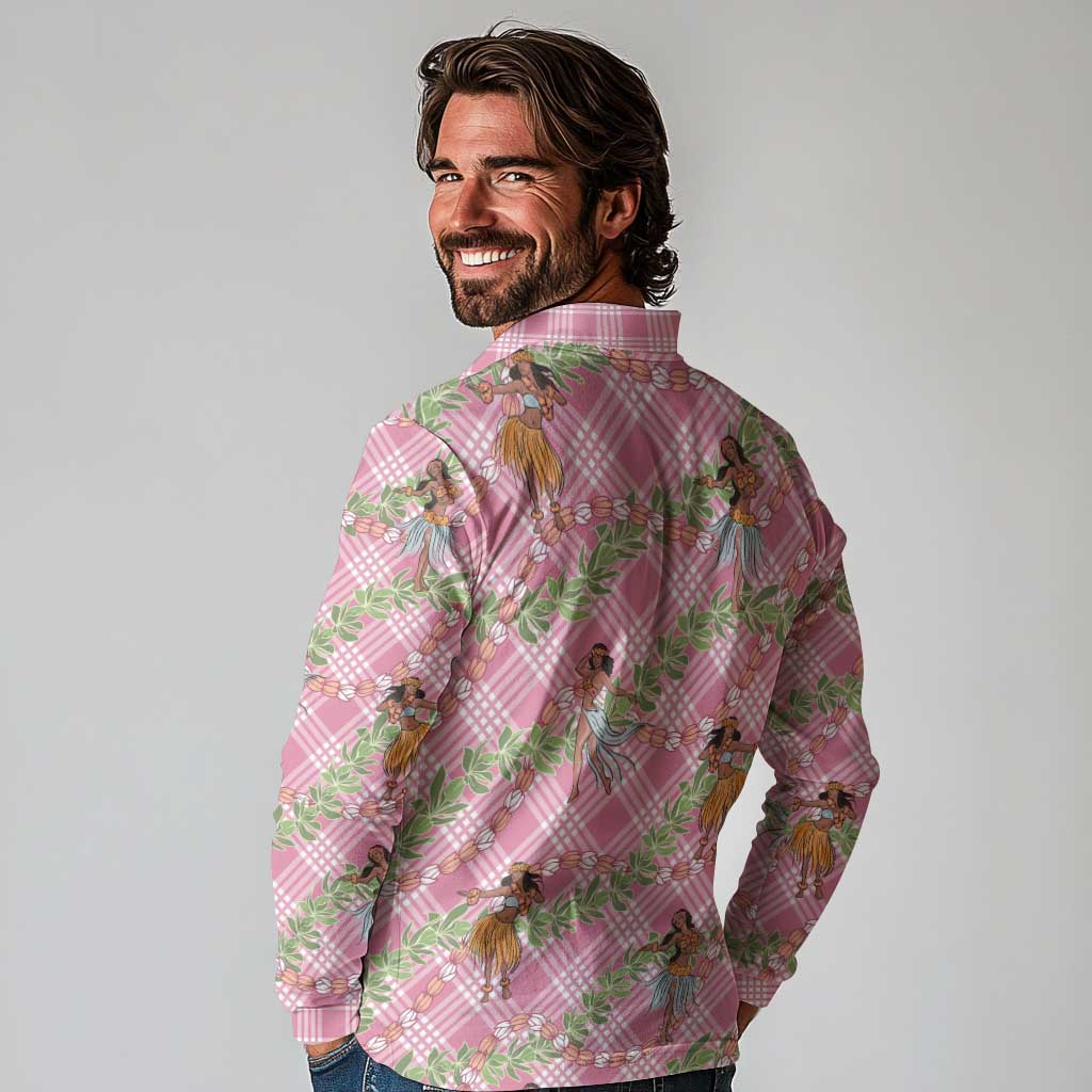 Lokelani Pink Palaka Hula Girls Seamless Hawaii Aloha Long Sleeve Polo Shirt - Polynesian Pride