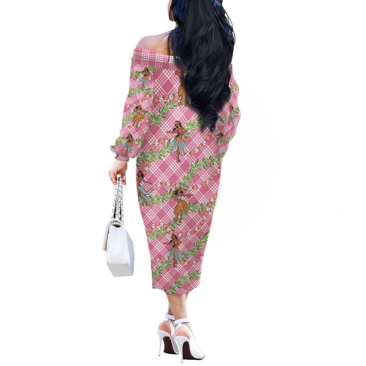 Lokelani Pink Palaka Hula Girls Seamless Hawaii Aloha Off The Shoulder Long Sleeve Dress LT7 - Polynesian Pride