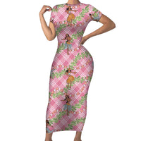 Lokelani Pink Palaka Hula Girls Seamless Hawaii Aloha Short Sleeve Bodycon Dress LT7 Long Dress Pink - Polynesian Pride