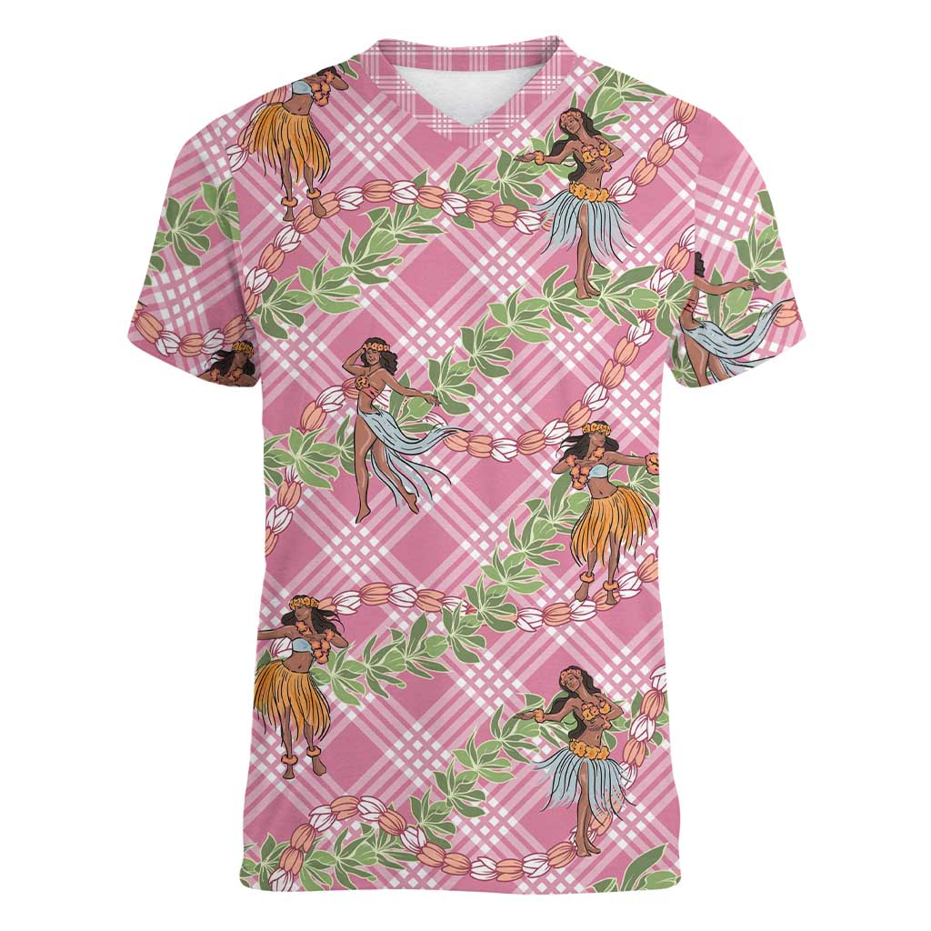Lokelani Pink Palaka Hula Girls Seamless Hawaii Aloha Women V-Neck T-Shirt - Polynesian Pride