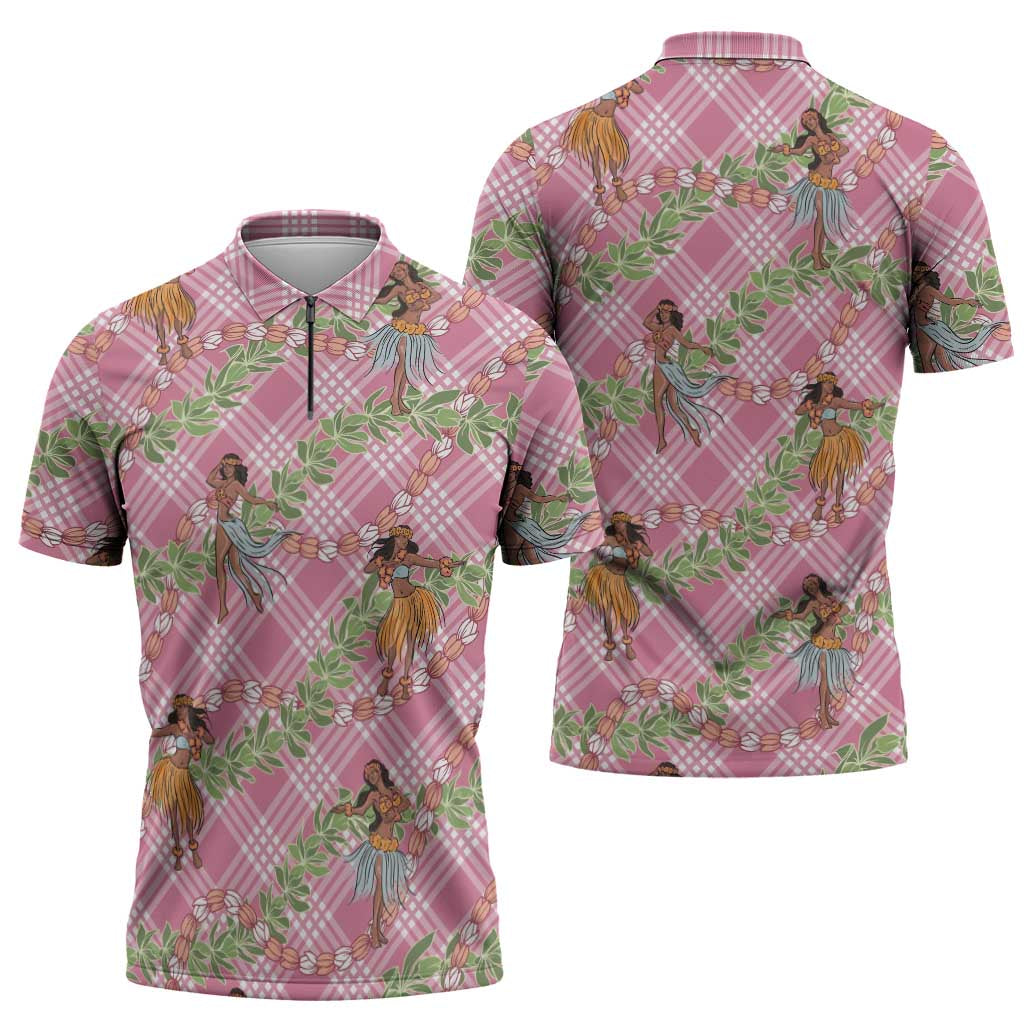 Lokelani Pink Palaka Hula Girls Seamless Hawaii Aloha Zipper Polo Shirt LT7 - Polynesian Pride