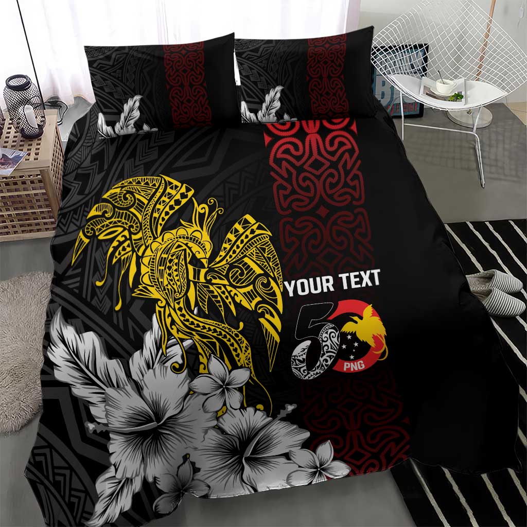 Personalized Papua New Guinea 50th Independence Anniversary Bedding Set Oro Tapa Mix Plumeria