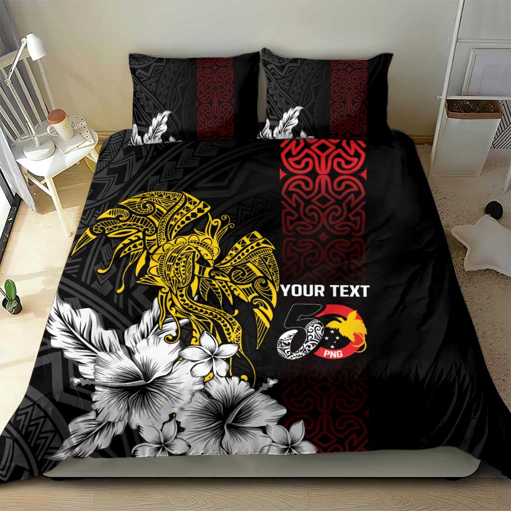 Personalized Papua New Guinea 50th Independence Anniversary Bedding Set Oro Tapa Mix Plumeria