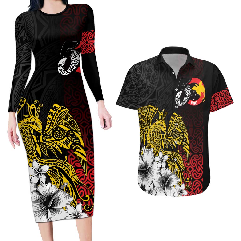 Personalized Papua New Guinea 50th Independence Anniversary Couples Matching Long Sleeve Bodycon Dress and Hawaiian Shirt Oro Tapa Mix Plumeria