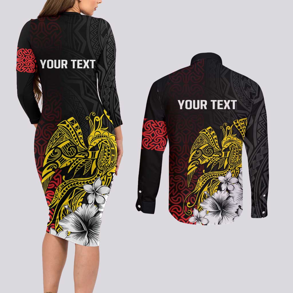 Personalized Papua New Guinea 50th Independence Anniversary Couples Matching Long Sleeve Bodycon Dress and Long Sleeve Button Shirt Oro Tapa Mix Plumeria