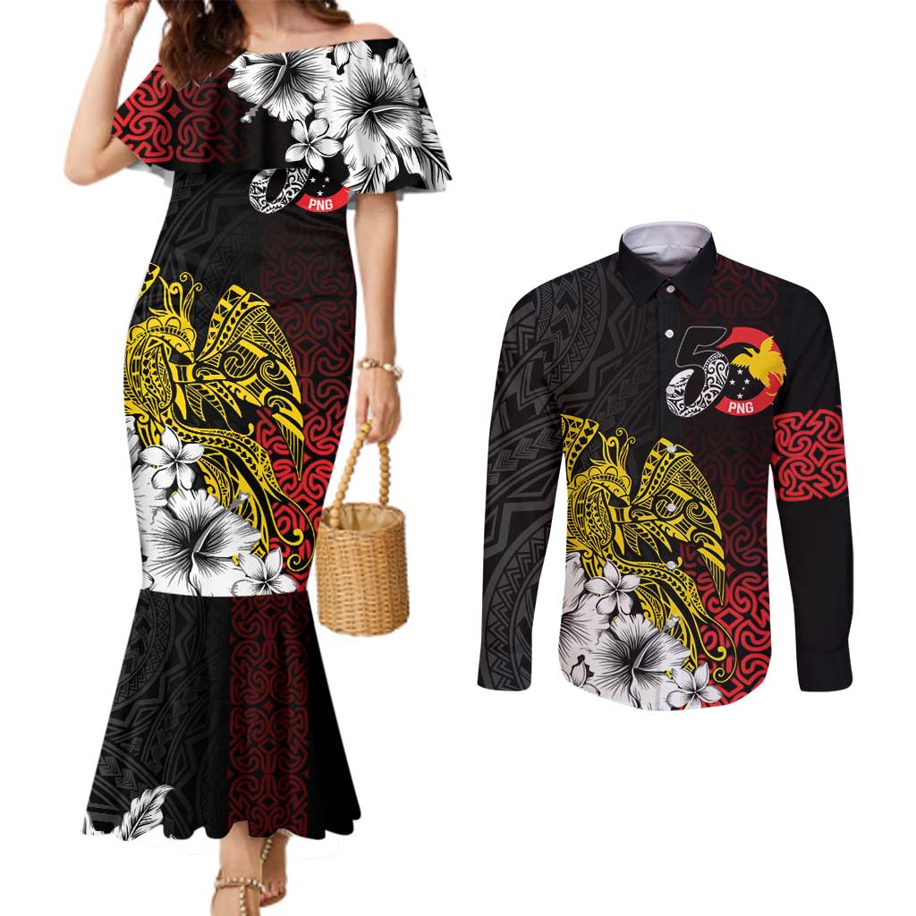 Personalized Papua New Guinea 50th Independence Anniversary Couples Matching Mermaid Dress and Long Sleeve Button Shirt Oro Tapa Mix Plumeria