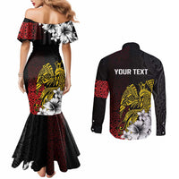 Personalized Papua New Guinea 50th Independence Anniversary Couples Matching Mermaid Dress and Long Sleeve Button Shirt Oro Tapa Mix Plumeria
