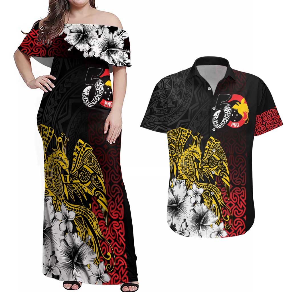 Personalized Papua New Guinea 50th Independence Anniversary Couples Matching Off Shoulder Maxi Dress and Hawaiian Shirt Oro Tapa Mix Plumeria