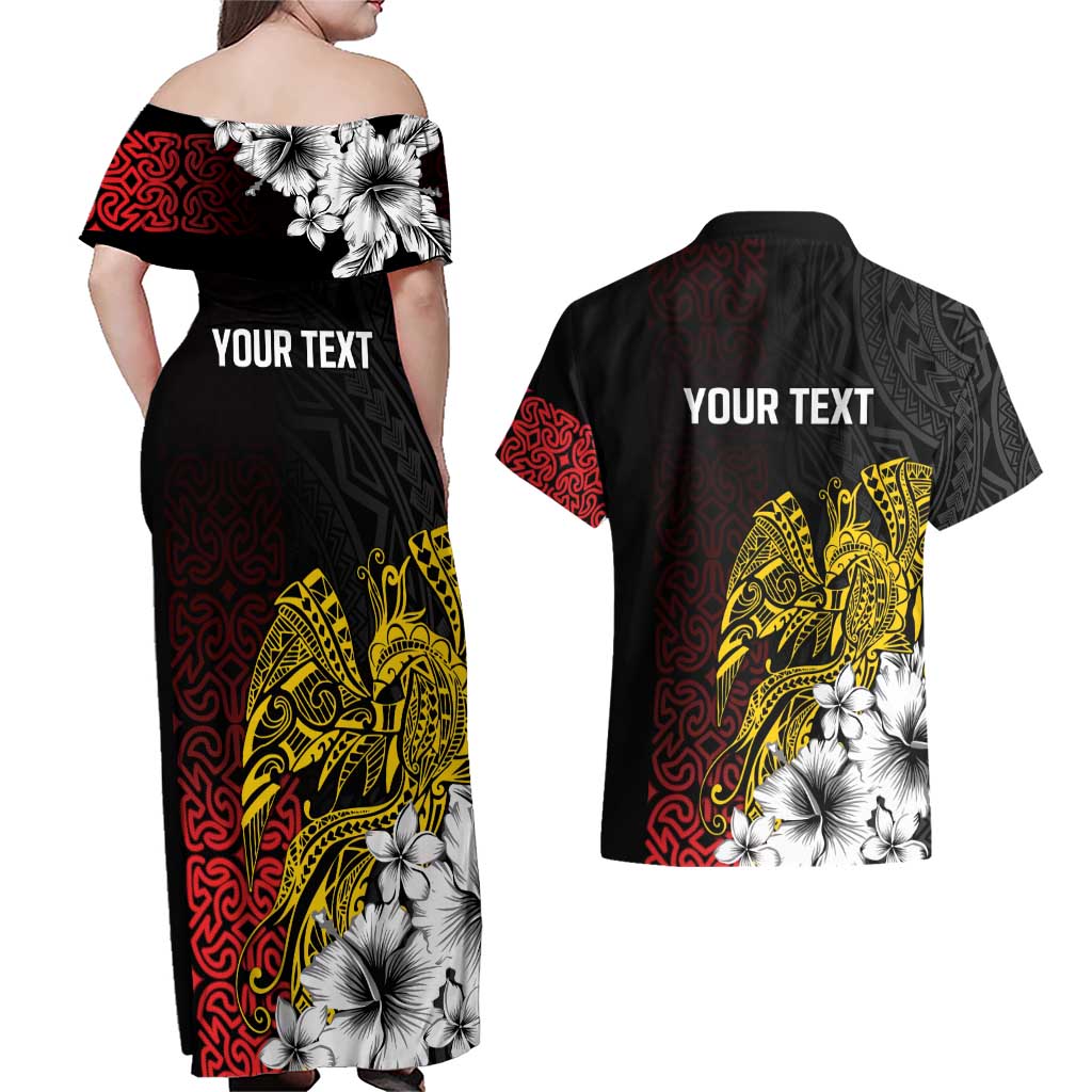 Personalized Papua New Guinea 50th Independence Anniversary Couples Matching Off Shoulder Maxi Dress and Hawaiian Shirt Oro Tapa Mix Plumeria