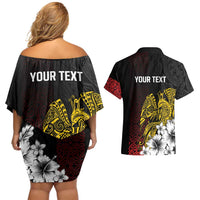 Personalized Papua New Guinea 50th Independence Anniversary Couples Matching Off Shoulder Short Dress and Hawaiian Shirt Oro Tapa Mix Plumeria