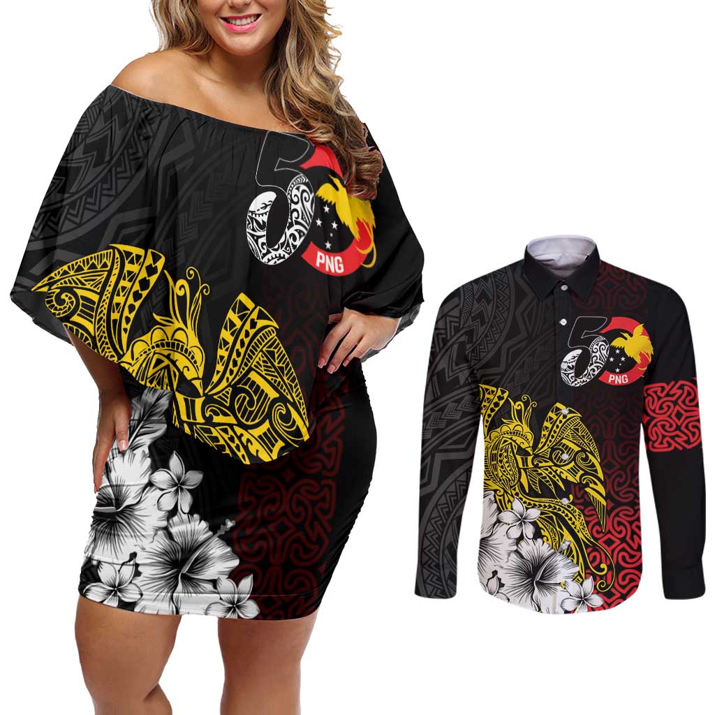 Personalized Papua New Guinea 50th Independence Anniversary Couples Matching Off Shoulder Short Dress and Long Sleeve Button Shirt Oro Tapa Mix Plumeria