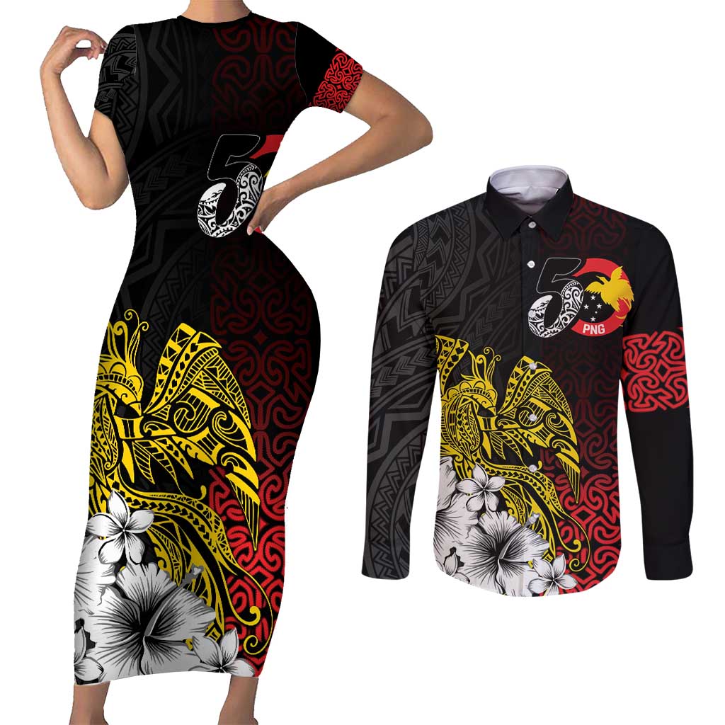 Personalized Papua New Guinea 50th Independence Anniversary Couples Matching Short Sleeve Bodycon Dress and Long Sleeve Button Shirt Oro Tapa Mix Plumeria