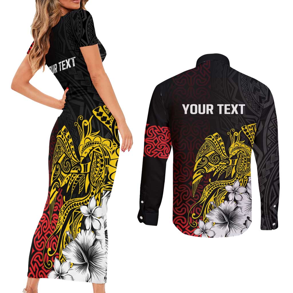 Personalized Papua New Guinea 50th Independence Anniversary Couples Matching Short Sleeve Bodycon Dress and Long Sleeve Button Shirt Oro Tapa Mix Plumeria