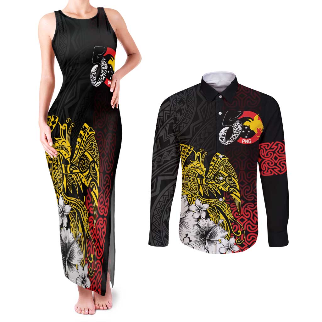 Personalized Papua New Guinea 50th Independence Anniversary Couples Matching Tank Maxi Dress and Long Sleeve Button Shirt Oro Tapa Mix Plumeria