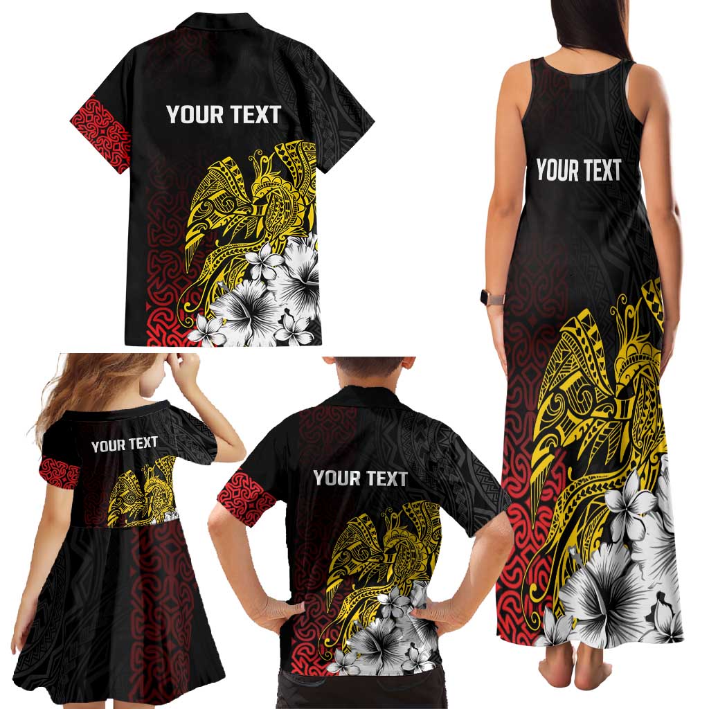 Personalized Papua New Guinea 50th Independence Anniversary Family Matching Tank Maxi Dress and Hawaiian Shirt Oro Tapa Mix Plumeria