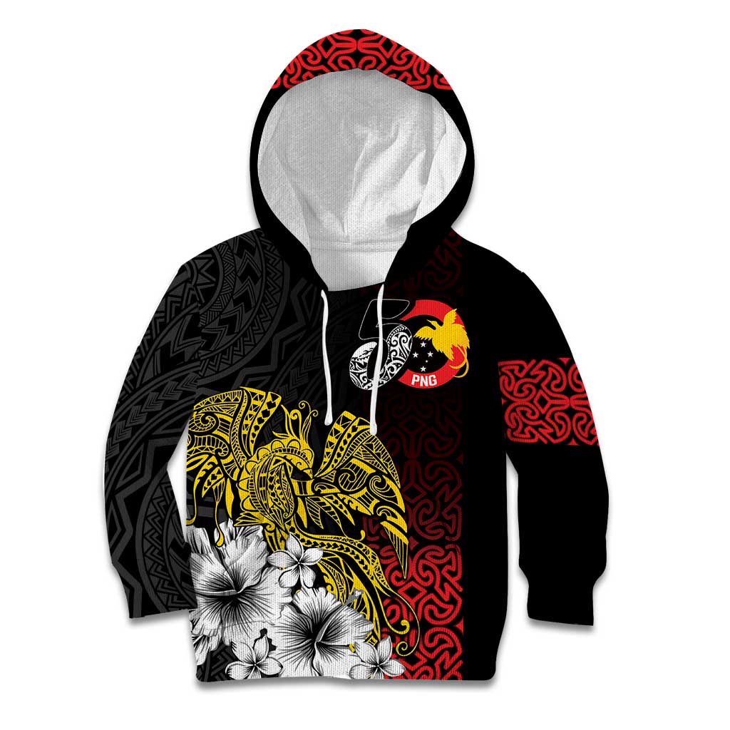 Personalized Papua New Guinea 50th Independence Anniversary Kid Hoodie Oro Tapa Mix Plumeria LT7 Hoodie Black - Polynesian Pride